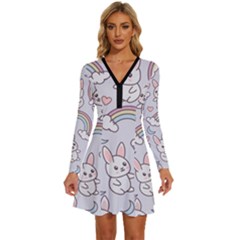 Seamless-pattern-with-cute-rabbit-character Long Sleeve Deep V Mini Dress  by Salman4z