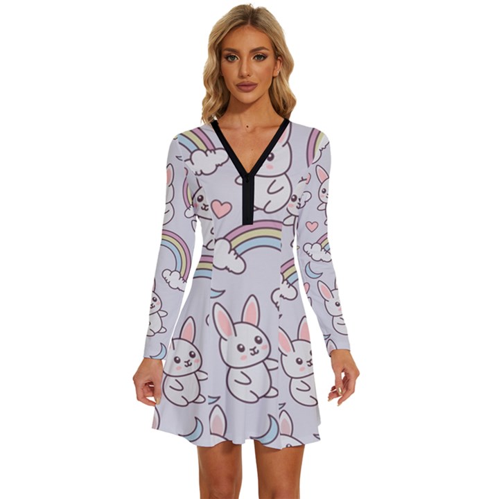 Seamless-pattern-with-cute-rabbit-character Long Sleeve Deep V Mini Dress 