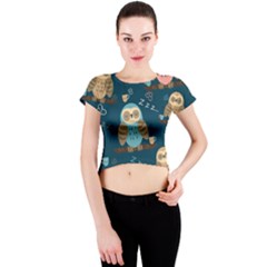 Seamless-pattern-owls-dreaming Crew Neck Crop Top