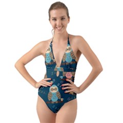 Seamless-pattern-owls-dreaming Halter Cut-out One Piece Swimsuit by Salman4z