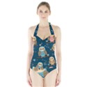 Seamless-pattern-owls-dreaming Halter Swimsuit View1