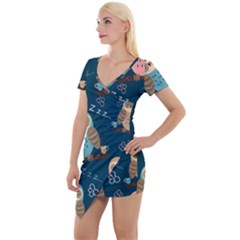 Seamless-pattern-owls-dreaming Short Sleeve Asymmetric Mini Dress