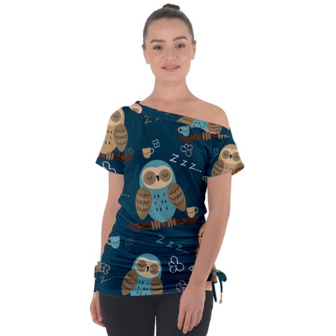 Seamless-pattern-owls-dreaming Off Shoulder Tie-up Tee by Salman4z