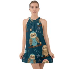 Seamless-pattern-owls-dreaming Halter Tie Back Chiffon Dress