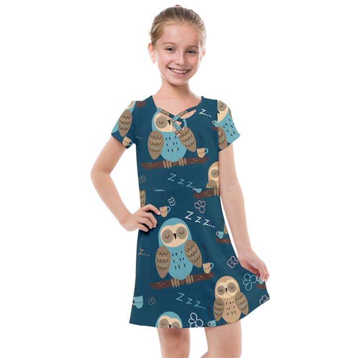 Seamless-pattern-owls-dreaming Kids  Cross Web Dress