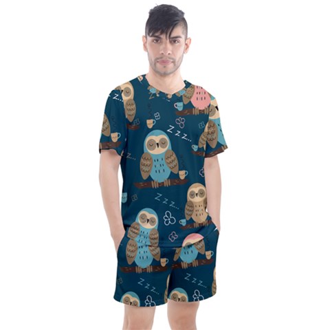 Seamless-pattern-owls-dreaming Men s Mesh Tee And Shorts Set by Salman4z