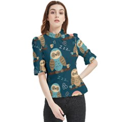 Seamless-pattern-owls-dreaming Frill Neck Blouse