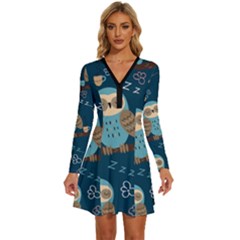 Seamless-pattern-owls-dreaming Long Sleeve Deep V Mini Dress 