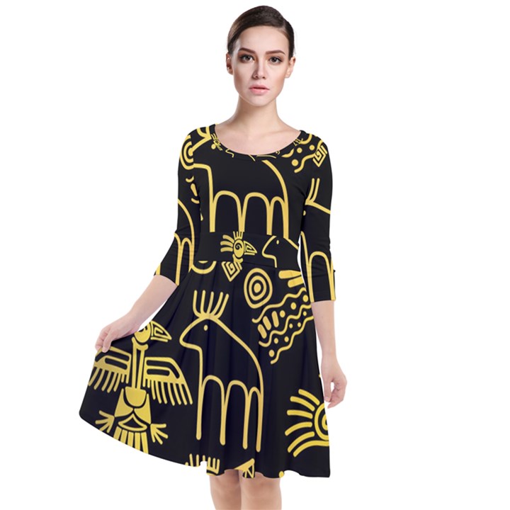 Golden-indian-traditional-signs-symbols Quarter Sleeve Waist Band Dress