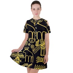 Golden-indian-traditional-signs-symbols Short Sleeve Shoulder Cut Out Dress  by Salman4z