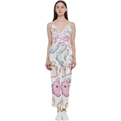 Cute-doodle-cartoon-seamless-pattern V-neck Spaghetti Strap Tie Front Jumpsuit by Salman4z