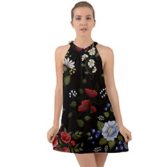 Floral-folk-fashion-ornamental-embroidery-pattern Halter Tie Back Chiffon Dress by Salman4z