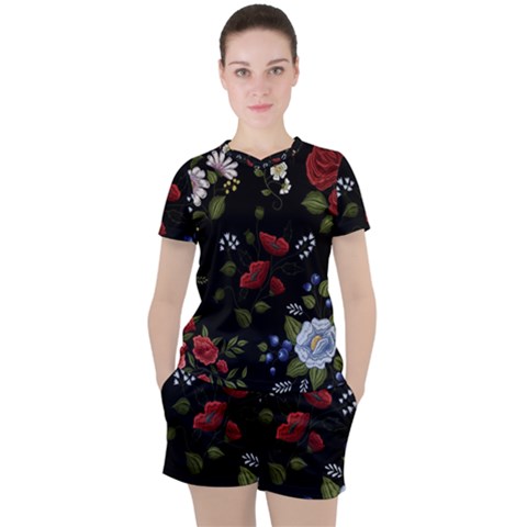 Floral-folk-fashion-ornamental-embroidery-pattern Women s Tee And Shorts Set by Salman4z