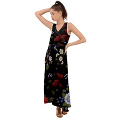 Floral-folk-fashion-ornamental-embroidery-pattern V-neck Chiffon Maxi Dress by Salman4z