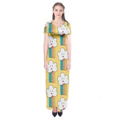 Smile-cloud-rainbow-pattern-yellow Short Sleeve Maxi Dress by Salman4z