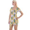 Smile-cloud-rainbow-pattern-yellow Short Sleeve Asymmetric Mini Dress View1