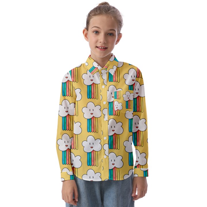 Smile-cloud-rainbow-pattern-yellow Kids  Long Sleeve Shirt