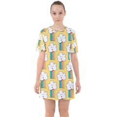 Smile-cloud-rainbow-pattern-yellow Sixties Short Sleeve Mini Dress