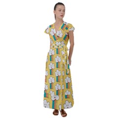 Smile-cloud-rainbow-pattern-yellow Flutter Sleeve Maxi Dress by Salman4z