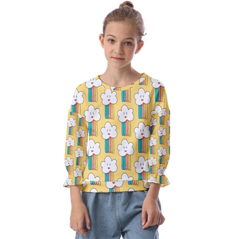 Smile-cloud-rainbow-pattern-yellow Kids  Cuff Sleeve Top by Salman4z