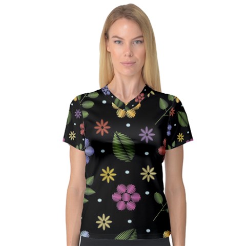 Embroidery-seamless-pattern-with-flowers V-neck Sport Mesh Tee by Salman4z