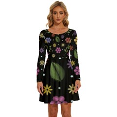 Embroidery-seamless-pattern-with-flowers Long Sleeve Wide Neck Velvet Dress by Salman4z