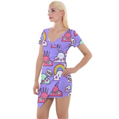 Cloud-seamless-pattern -- Short Sleeve Asymmetric Mini Dress by Salman4z