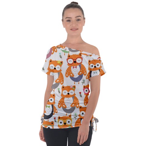 Cute-colorful-owl-cartoon-seamless-pattern Off Shoulder Tie-up Tee by Salman4z