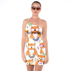 Cute-colorful-owl-cartoon-seamless-pattern One Shoulder Ring Trim Bodycon Dress by Salman4z