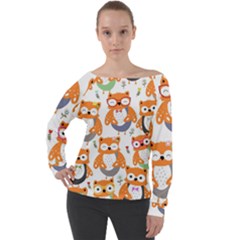 Cute-colorful-owl-cartoon-seamless-pattern Off Shoulder Long Sleeve Velour Top by Salman4z