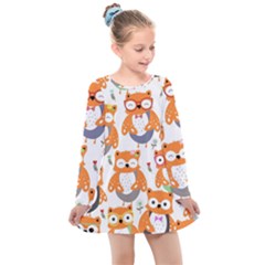 Cute-colorful-owl-cartoon-seamless-pattern Kids  Long Sleeve Dress by Salman4z