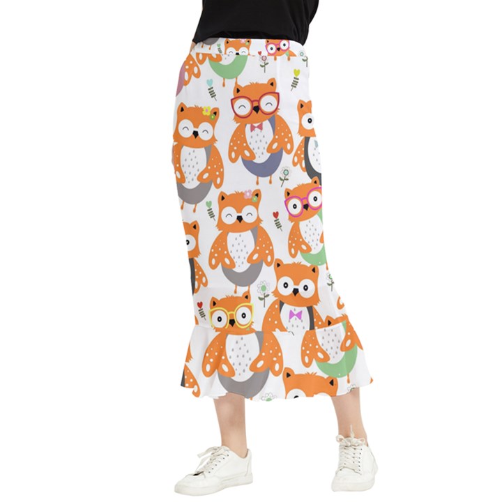 Cute-colorful-owl-cartoon-seamless-pattern Maxi Fishtail Chiffon Skirt