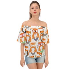 Cute-colorful-owl-cartoon-seamless-pattern Off Shoulder Short Sleeve Top by Salman4z