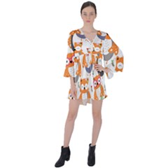 Cute-colorful-owl-cartoon-seamless-pattern V-neck Flare Sleeve Mini Dress by Salman4z