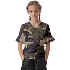 Texture-military-camouflage-repeats-seamless-army-green-hunting Kids  V-neck Horn Sleeve Blouse by Salman4z