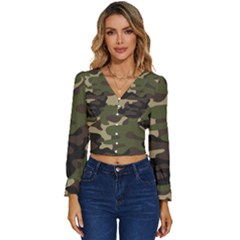 Texture-military-camouflage-repeats-seamless-army-green-hunting Long Sleeve V-neck Top by Salman4z