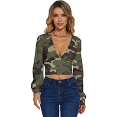 Texture-military-camouflage-repeats-seamless-army-green-hunting Long Sleeve Deep-v Velour Top by Salman4z