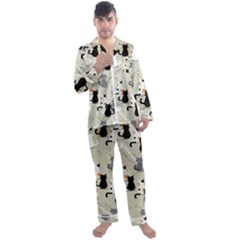 Cute-cat-seamless-pattern Men s Long Sleeve Satin Pajamas Set