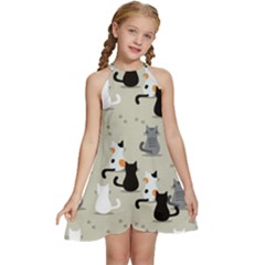 Cute-cat-seamless-pattern Kids  Halter Collar Waist Tie Chiffon Dress by Salman4z