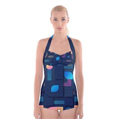 Gradient Geometric Shapes Dark Background Boyleg Halter Swimsuit  by Salman4z