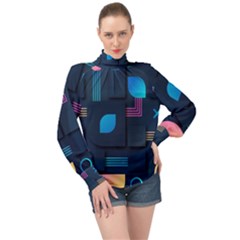 Gradient Geometric Shapes Dark Background High Neck Long Sleeve Chiffon Top by Salman4z