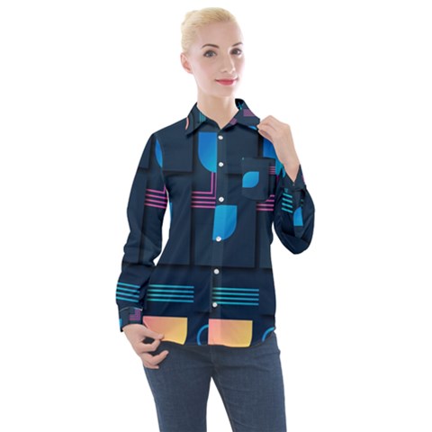 Gradient Geometric Shapes Dark Background Women s Long Sleeve Pocket Shirt by Salman4z