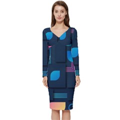 Gradient Geometric Shapes Dark Background Long Sleeve V-neck Bodycon Dress  by Salman4z