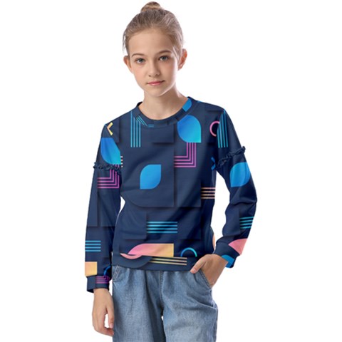 Gradient Geometric Shapes Dark Background Kids  Long Sleeve Tee With Frill  by Salman4z