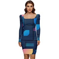 Gradient Geometric Shapes Dark Background Women Long Sleeve Ruched Stretch Jersey Dress by Salman4z