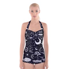 Vector-set-sketch-drawn-with-space Boyleg Halter Swimsuit  by Salman4z