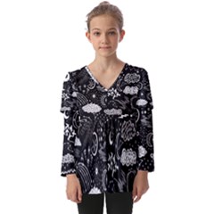 Vector-set-sketch-drawn-with-space Kids  V Neck Casual Top