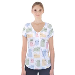 Cute-cat-colorful-cartoon-doodle-seamless-pattern Short Sleeve Front Detail Top by Salman4z