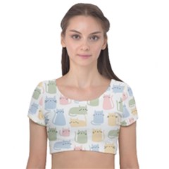 Cute-cat-colorful-cartoon-doodle-seamless-pattern Velvet Short Sleeve Crop Top  by Salman4z