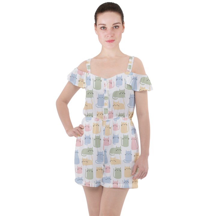 Cute-cat-colorful-cartoon-doodle-seamless-pattern Ruffle Cut Out Chiffon Playsuit